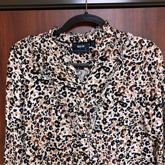 ANTHROPOLOGIE Maeve Katia Ruffled Button Down Blouse Leopard Print Size 2 - Picture 4 of 7
